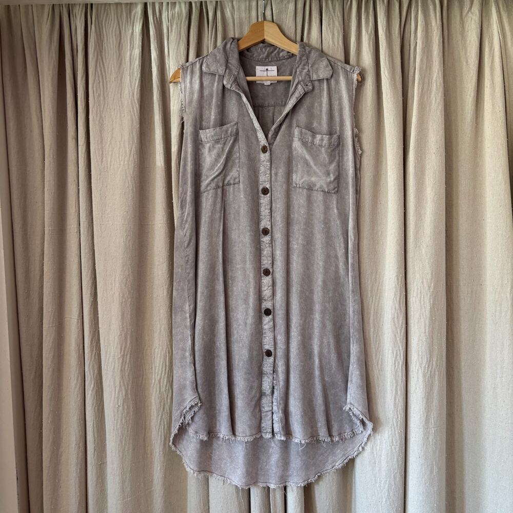 North Shore Mineral Wash Rayon Sleeveless Shirt Dress Medium Gray